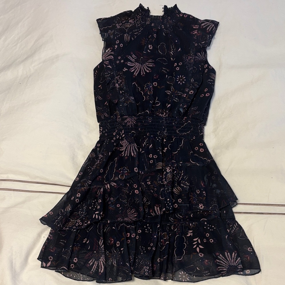 Aqua Floral Ruffle Tiered Sleeveless Dress - Navy with Pink Accents